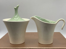 Vintage Harker Ware Celadon Sage Cream Sugar Bowl Harkerware White & Green MCM picture