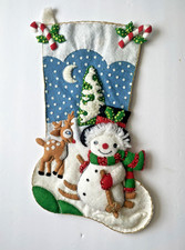 Vtg Handmade Felt Sequin Bead Stocking Christmas Tree Rudolph Snowman Bucilla picture
