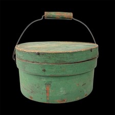 Pantry Box Antique 19thC Primitive Green Milk Paint Bentwood Bail Handle 9