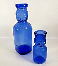 Vintage Cobalt Blue Brookfield Baby Top Insulator Milk Bottles 1 Qt & 1/2 Pint picture