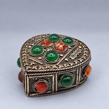 Vintage Moroccan Silverplate Cabochon Teardrop Trinket Box Berber Style picture