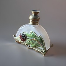Vintage Style Enameled Ladybug & Leaf Perfume Bottle. Frosted Glass. Rhinestone. picture