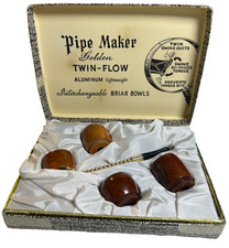 Antique Vintage Mid Century MCM Twin-Flow Aluminum Tobacco Pipe 4 Briar Bowls picture
