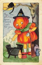 May The Witches Brew Good Luck To You Pumpkin Kettle Cat Halloween Postcard picture