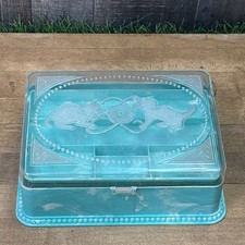 Vintage 1950s Holmer Kitten Box Jewelry Sewing Light Blue Faux Marble Plastic picture