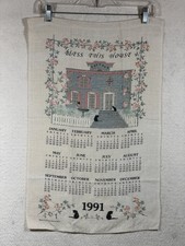 Vintage 1991 Bless This House Calendar Tea Towel Cats Cottage Floral USA picture