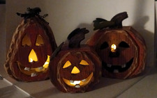Lot Of 3 Primitive Handcrafted Wooden / Lit JACK-O-LANTERNS Halloween / Folk Art picture