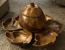 Vintage Mid-Century Hand-Carved Monkey Pod Wood Acorn Lazy Susan Serving Set picture