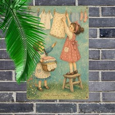 Two Girls Hanging Laundry Day Tin Sign Vintage Children Antique Wall Decor picture