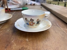Vintage Victorian Porcelain Child's Tea Cup & Saucer Set Of 3 Cat Musicians picture