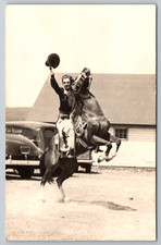 RPPC c1940s Cowboy on Bucking Bronco Waving Hat Rearing Horse Postcard picture