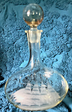 Vintage Etched Crystal Clipper Ship Liquor Decanter w/ Round Stopper picture