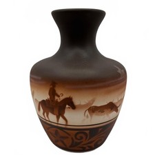 Vintage Signed Diné Navajo Southwestern Pottery Vase - Cowboy Longhorn Cattle picture