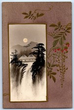 c1910's Moonlight Scene Showing Waterfall Trees Hand Painted Art Japan Postcard picture