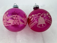 Shiny Brite Pink Snowman Bell Glass Christmas Ornaments 3” Lot 2 Vintage picture