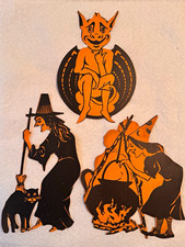 HTF LOT OF 3 Antique 1920-1930s Halloween Die-Cut paper Devil Witch Cat Cauldron picture