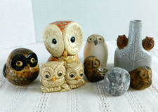 Owl Figurines Lot of 8 Ceramic Soapstone Pottery Resin Vase Vintage Decor Birds picture