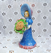 VINTAGE CERAMIC LADY Girl Pincushion Bouquet POLKA DOT FIGURINE BLUE PIN CUSHION picture