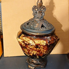 Brown & Black Hexagonal Metal Urn Jar with Ornate Lid, Lidded Funeral Urn picture