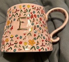 Anthro Anthropologie MUD FAIRY STONEWARE MONOGRAM E MUG  Hand Painted 14 Oz picture