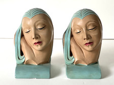 Pair Art Deco Chalk Ware Exotic Blue Lady Bookends picture