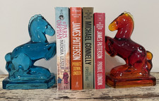 2 MCM Vintage L.E. Smith Glass Rearing HORSE BOOKENDS Aqua Blue & Red 8