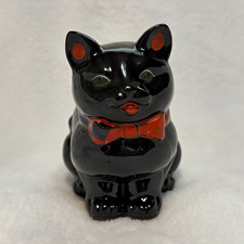 Vintage 1950s Black Cat Figurine Redware Japan Kitschy Red Bow Tie 4.5