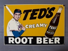Vintage Ted's Creamy Root Beer Porcelain Enameled Metal Sign Baseball 15x10 picture
