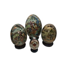Vintage K.O.K. Satsuma Made in China Egg Figurine Set Wood Stand Geisha Scene picture
