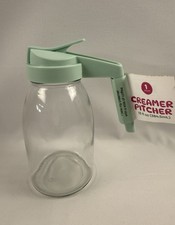 VINTAGE Clear Glass Syrup Dispenser Carafe Creamer Green Plastic Flip Top Handle picture