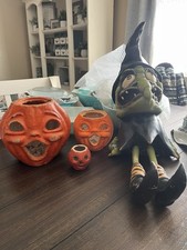 Antique Halloween Paper Mache Pumpkin Lanterns Lot of 3, Plus Witch Figure picture