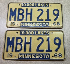 Vintage 1968 MINNESOTA LAND OF 10,000 LAKES Metal LICENSE PLATES Pair  picture