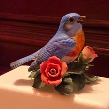 Painted Ceramic Bird Figurine on Flower Base w/ Pink Rose Blue Orange picture