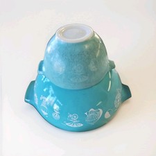 Pyrex Turquoise Hot Air Balloon Glass Mixing Bowl Set Mid-Century Modern 2 Pc picture