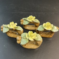 4 Vtg Pia Bone China Yellow Rose Napkin Ring Holder Set Farmhouse Shabby Chic picture