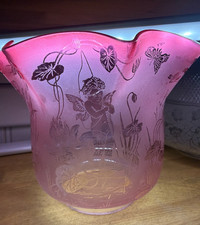 antique cranberry acid etched wavy top cherub etched oil lamp shade picture