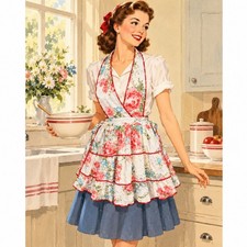 Vintage 1930s 40s Apron Cotton Full Bib Floral Roses Tiered Flounce Skirt picture