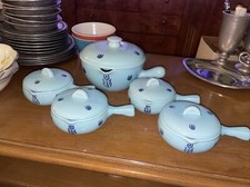 4 Vintage Cronin Blue Tulip Small Soup Bowls & 1 Sauce Pot with Handles & Lids picture