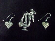 Cupid with Harp Brooch Pin, Matching Iridescent Rhinestone Earrings picture