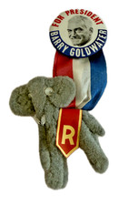 1964 Barry Goldwater Campaign Ribbon Button w Plush Republican Elephant Novelty picture