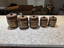 Vtg Treasure Crafted Canister’s Faux Wood Grain Barrel w/Copper Bands Set Of 5 picture
