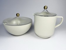 VTG 60s 70s MCM Plastic Sugar Creamer Bowls With Lids Geni Almond Color picture