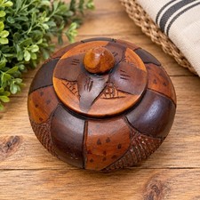 Vintage Hand Carved Wooden Round Trinket Box Lidded Patchwork Folk Art Decor picture