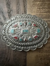  Vintage 1995 EJC Pewter Southwestern Belt Buckle: Coral & Turquoise Inlay picture