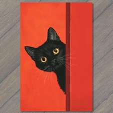 POSTCARD Black Cat Yellow Eyes Pet Red Background Painting Cute Fun Feline picture