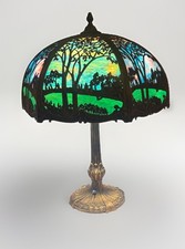 Slag Glass Brass 25” Table Lamp With Scenic Overlay picture