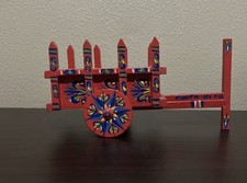 VTG Handcrafted Wood FOLK ART  Wagon Ox Cart Red Blue Floral Hand Painted 11.5”  picture