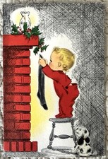 Unused Christmas Child Dog Hang Stocking Puppy Vtg Greeting Card 1960s Hallmark picture