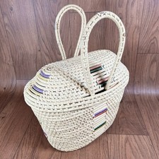 Handmade Oval Woven Coiled Basket w/ Handles, Lid & Color Accents 16” 14