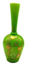 Striking Antique French Victorian Grass Green Gold Handpainted Vase picture